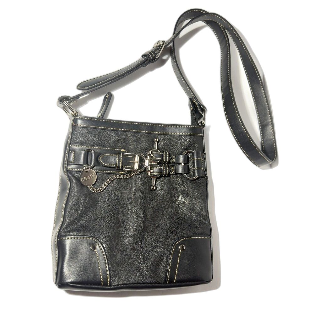 NWT Chaps Ralph Lauren Black Crossbody Bag Pebbled Faux Leather HorseBit Buckle